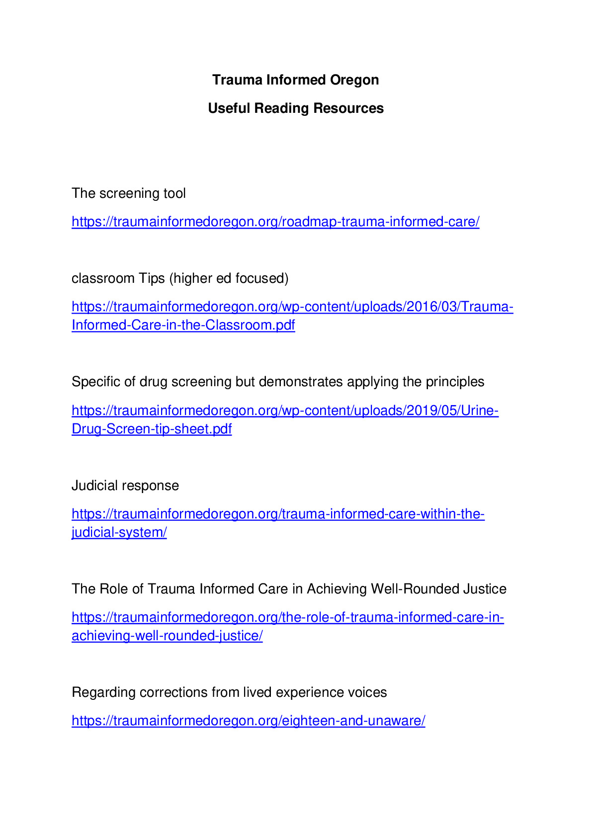 Trauma Informed Oregon Useful Reading Resources